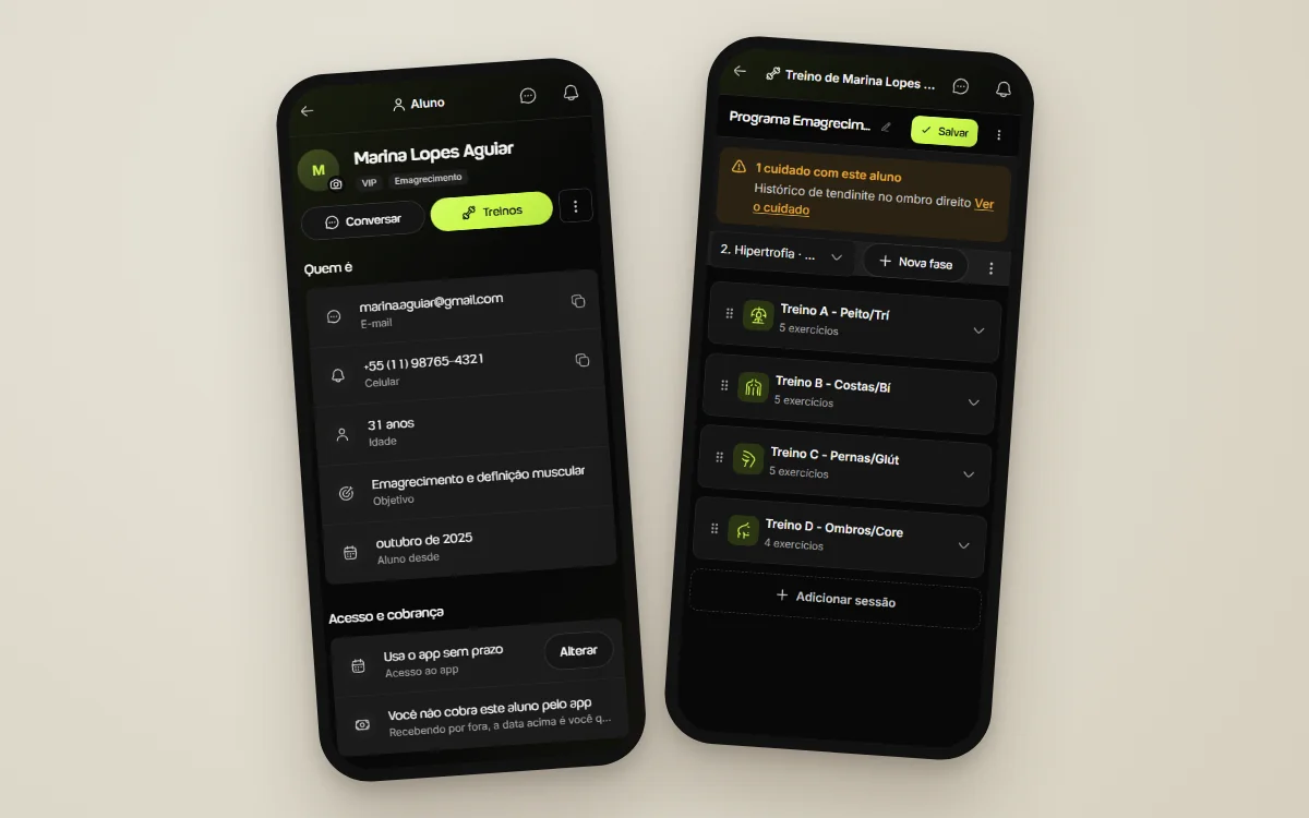 Duas telas reais da Welltrainer: a ficha do aluno com objetivo, idade e contato e o programa de treino dividido em sessões A, B, C e D