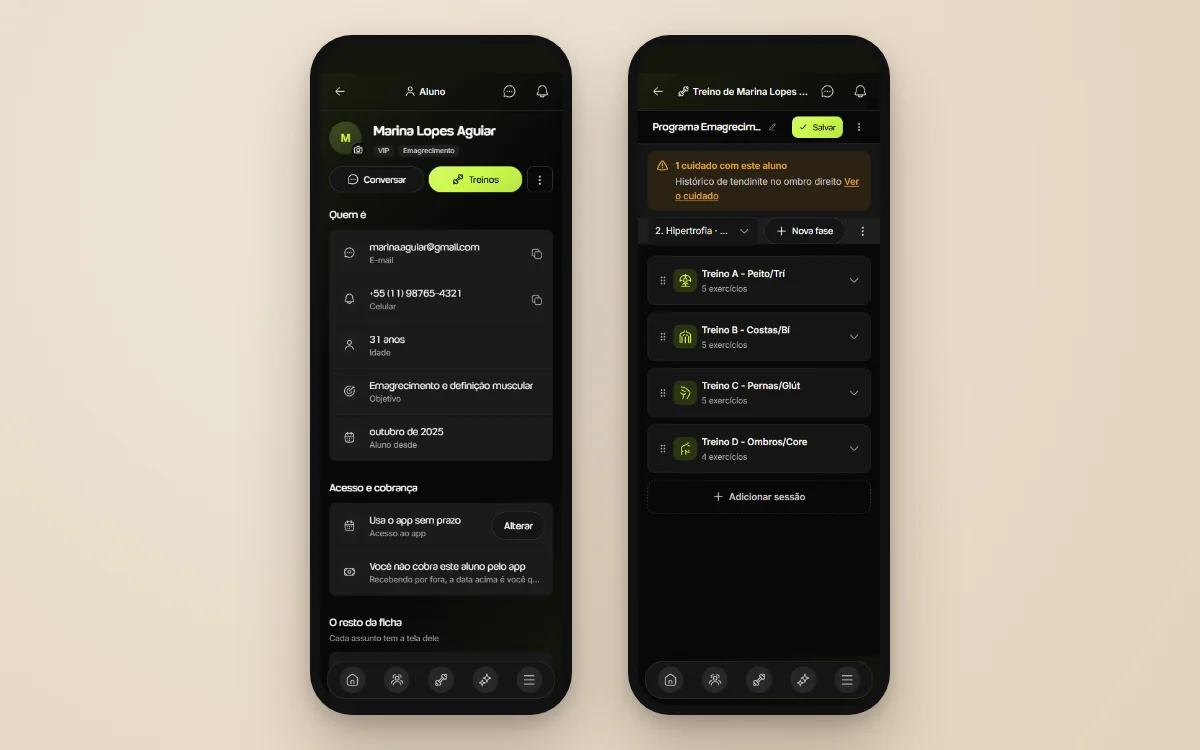 Duas telas reais da Welltrainer: a ficha do aluno com objetivo, idade e contato e o programa de treino dividido em sessões A, B, C e D