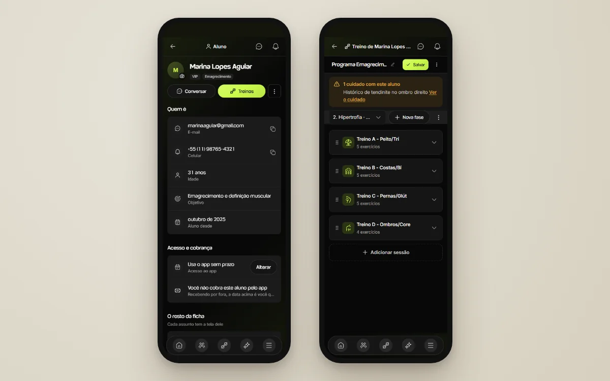 Duas telas reais da Welltrainer: a ficha do aluno com objetivo, idade e contato e o programa de treino dividido em sessões A, B, C e D