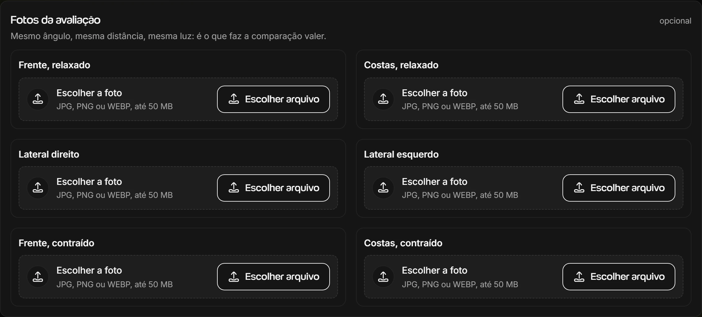 Bloco Fotos da avaliação no app Welltrainer, com um espaço para cada um dos seis ângulos: frente e costas relaxado, lateral direito, lateral esquerdo, frente e costas contraído