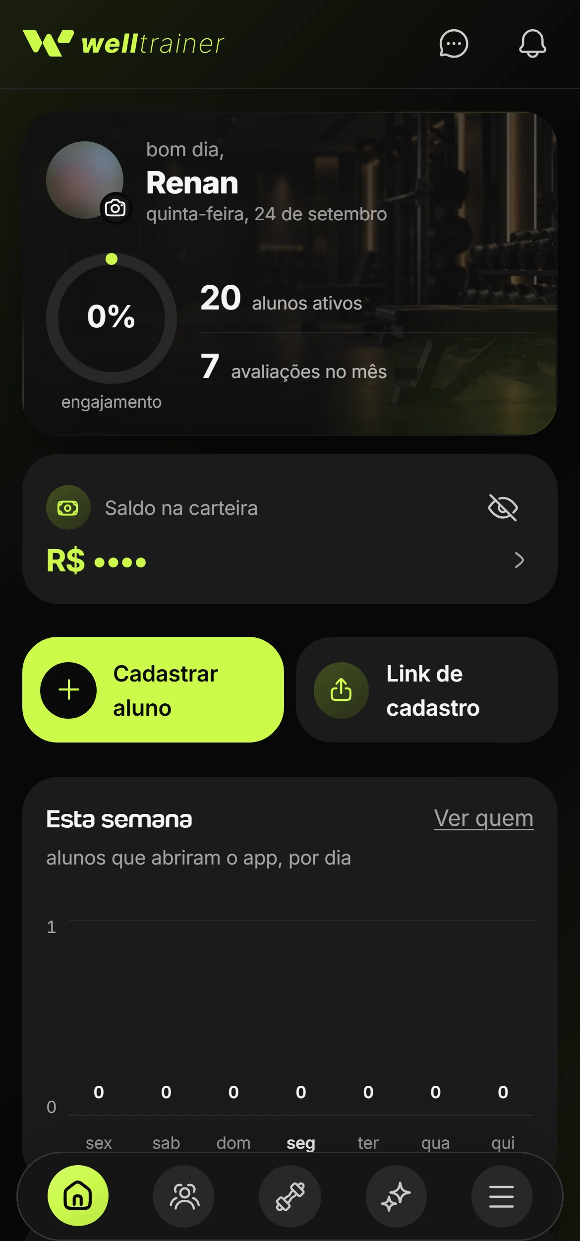 Tela Início do personal trainer no app Welltrainer no celular, com alunos ativos, engajamento, avaliações no mês, saldo da carteira e os alunos que abriram o app em cada dia da semana