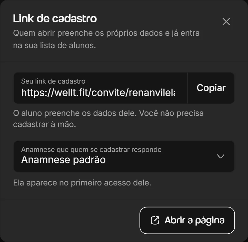Janela Link de cadastro do Welltrainer, com o link para o aluno se cadastrar e a anamnese que ele responde no primeiro acesso