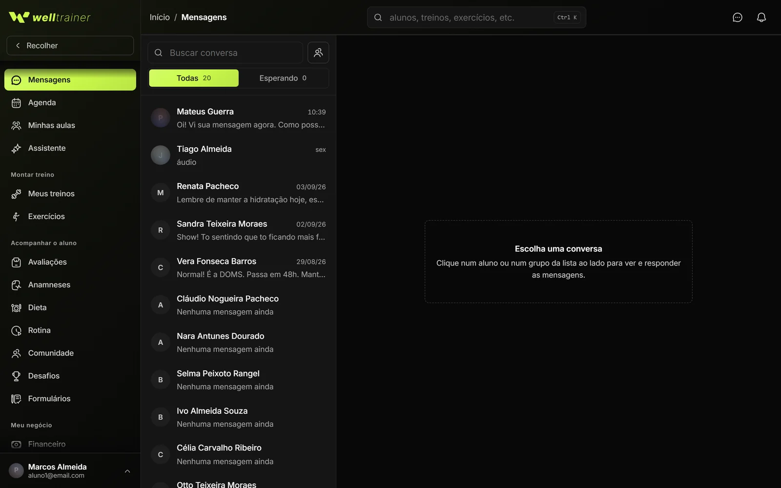 App Welltrainer: painel do personal com preço na mesa, comparado ao treino.io