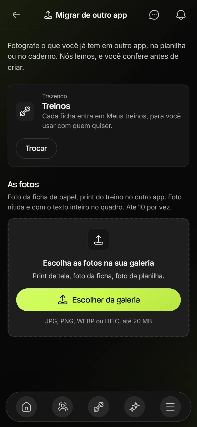 “Migrar de outro app” no celular, com Treinos escolhido e o botão “Escolher da galeria”
