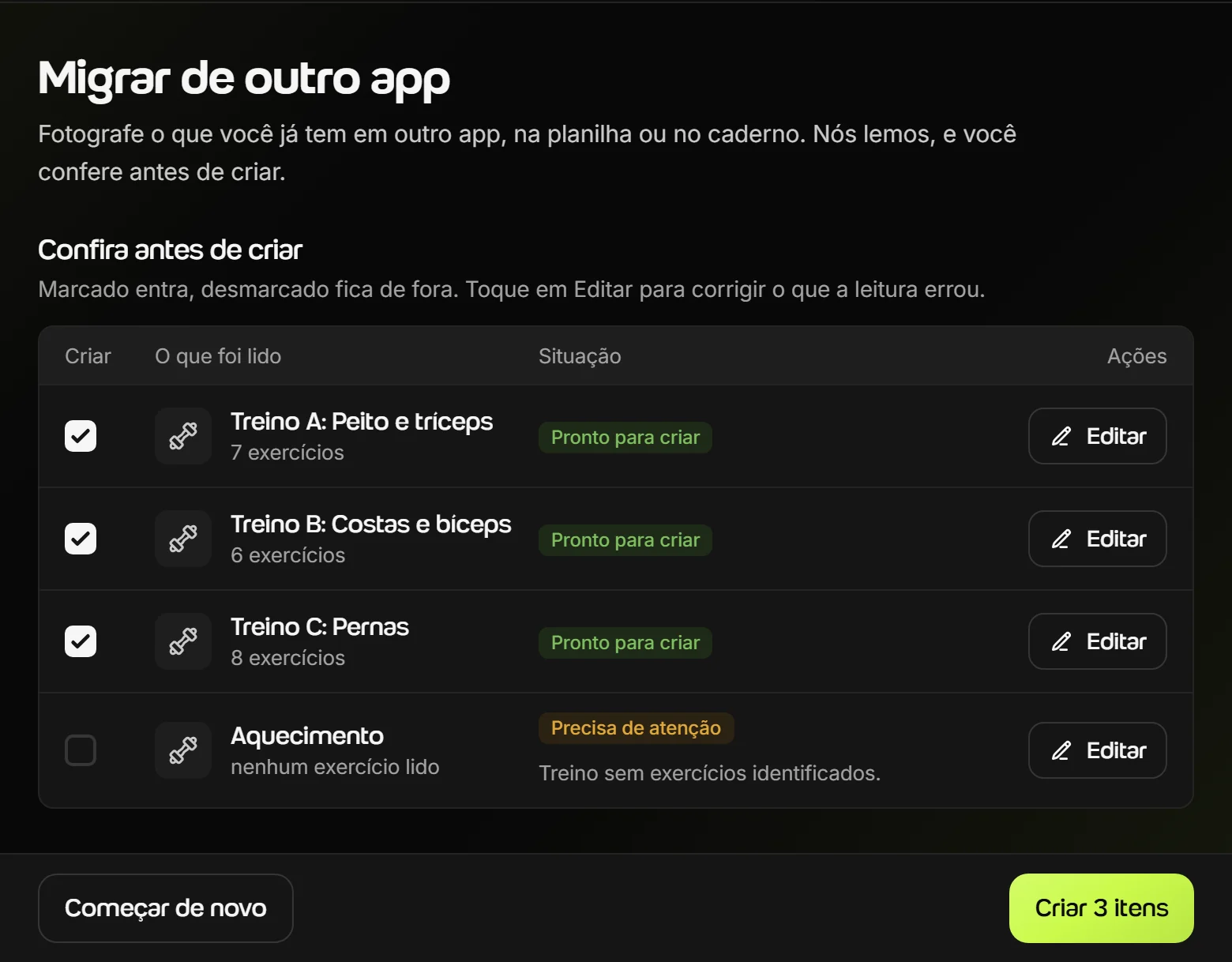 Tela “Confira antes de criar” da migração no Welltrainer, com três treinos prontos para criar e um marcado como “Precisa de atenção”