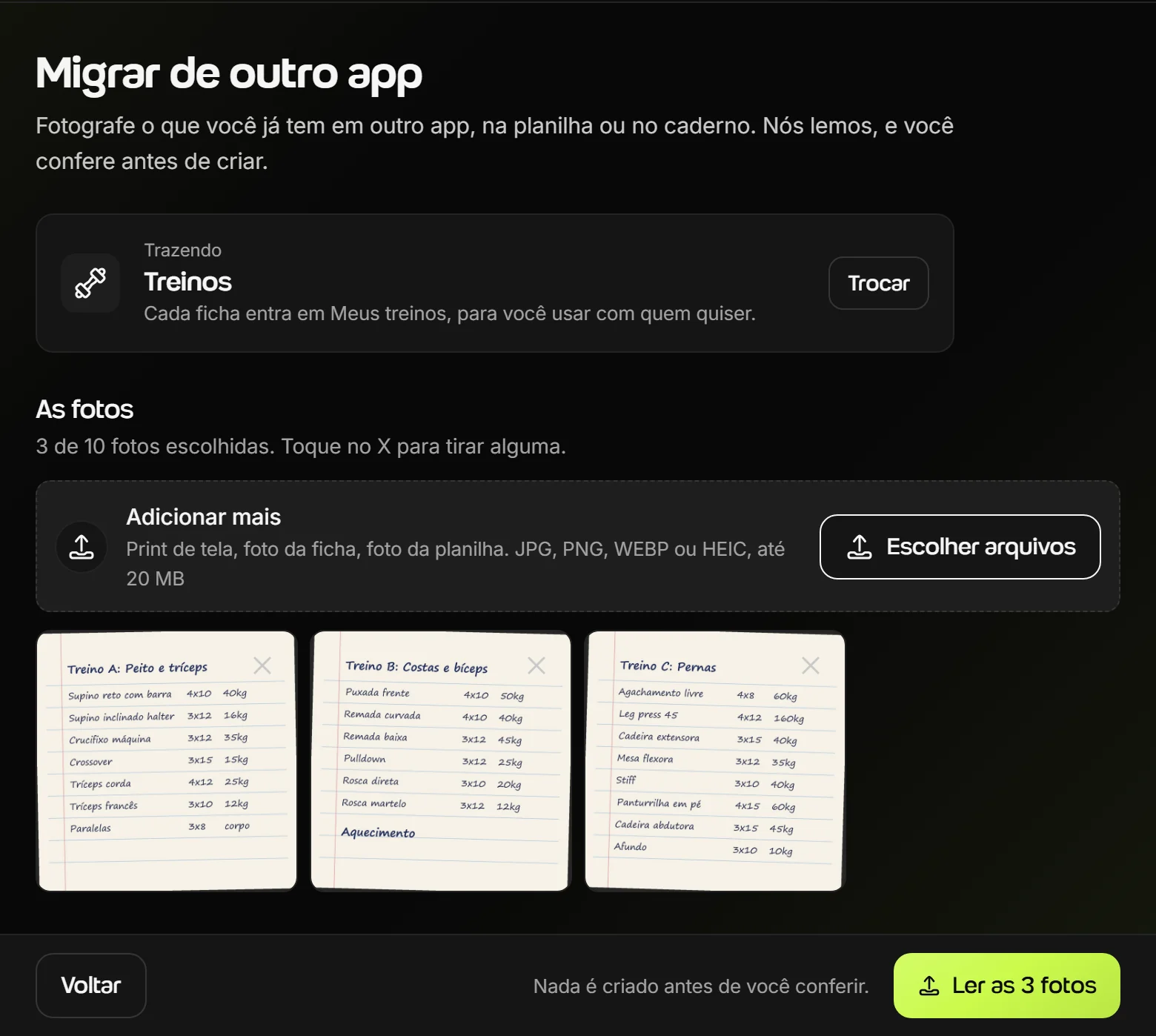Tela “Migrar de outro app” no Welltrainer com três fotos de fichas de treino escolhidas e o botão “Ler as 3 fotos”