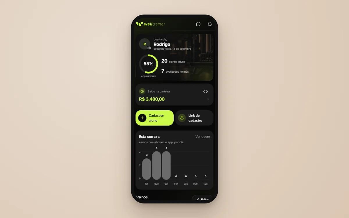 Tela real da Welltrainer mostrando o painel inicial com alunos ativos, engajamento e saldo