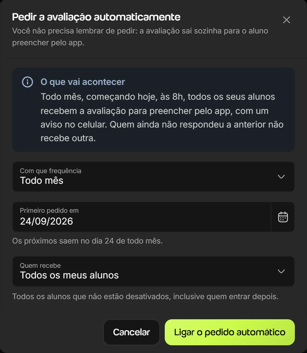 Janela Pedir a avaliação automaticamente no Welltrainer, com a frequência, a data do primeiro pedido e quem recebe
