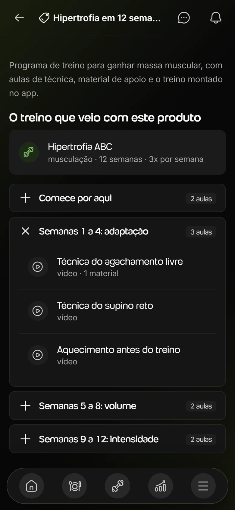 Produto aberto no app do aluno, com o treino que veio junto e os módulos com as aulas em vídeo e o material