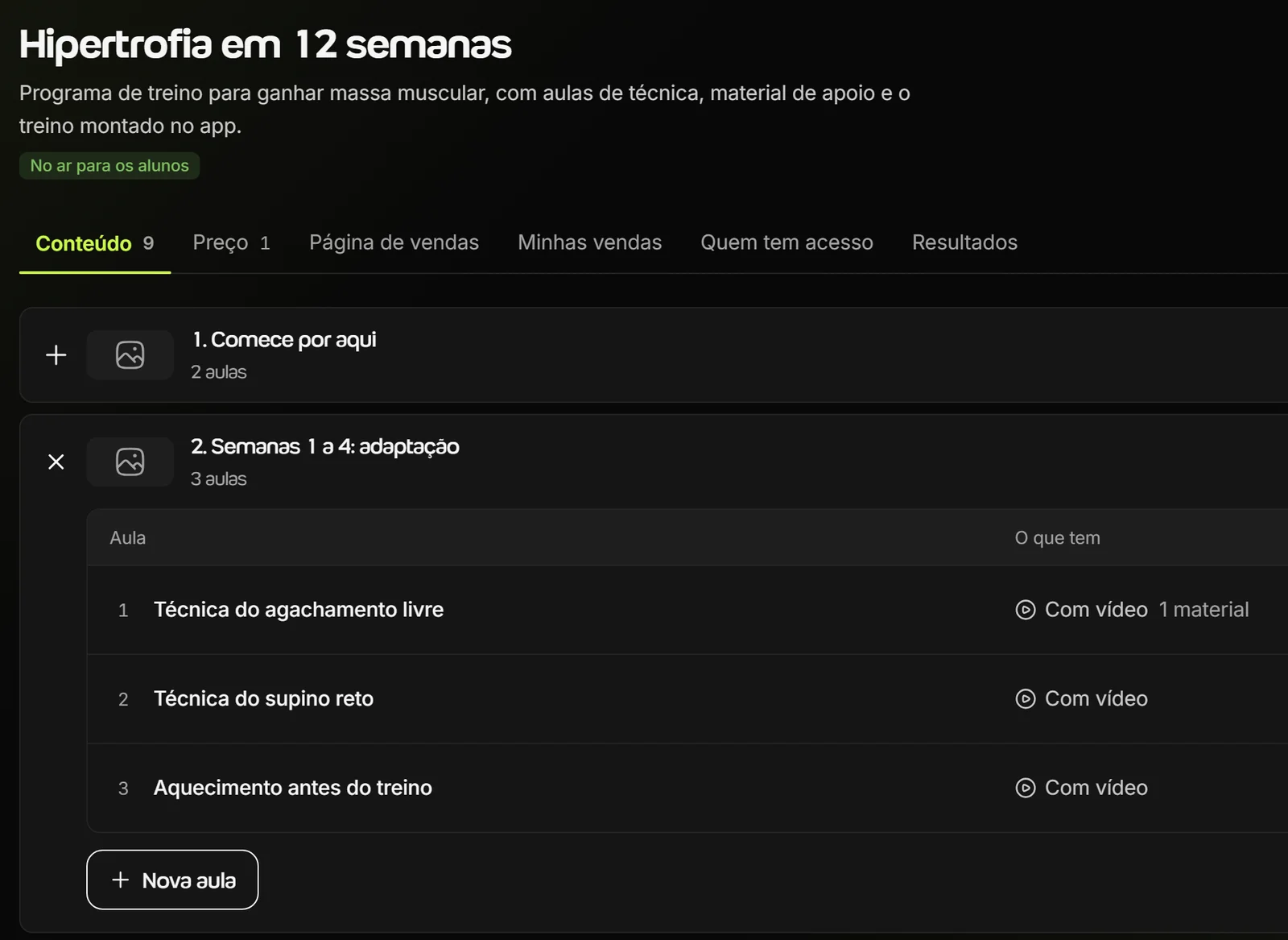 Tela de um produto no painel do Welltrainer, com módulos, aulas com vídeo e material e as áreas Preço, Página de vendas, Minhas vendas, Quem tem acesso e Resultados