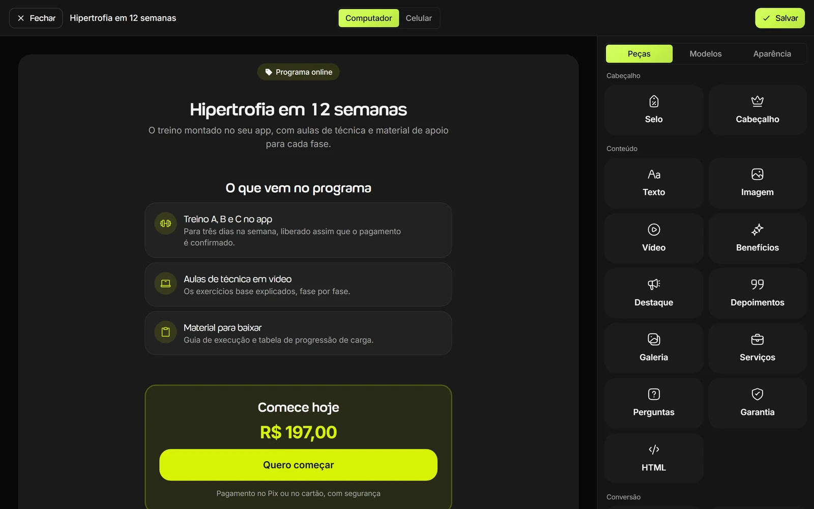 Construtor da página de vendas do Welltrainer, com a prévia da página à esquerda e as peças Selo, Cabeçalho, Texto, Imagem, Vídeo, Benefícios, Depoimentos e Perguntas à direita