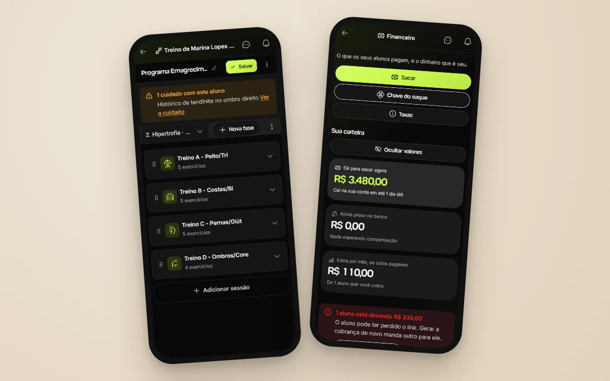 Duas telas reais da Welltrainer: o programa de treino dividido em sessões A, B, C e D e o financeiro com saldo, entradas do mês e aviso de aluno devendo