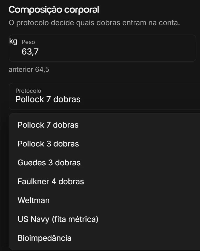 Seletor de protocolo na avaliação física do Welltrainer, com Pollock 7 dobras, Pollock 3 dobras, Guedes 3 dobras, Faulkner 4 dobras, Weltman, US Navy e bioimpedância