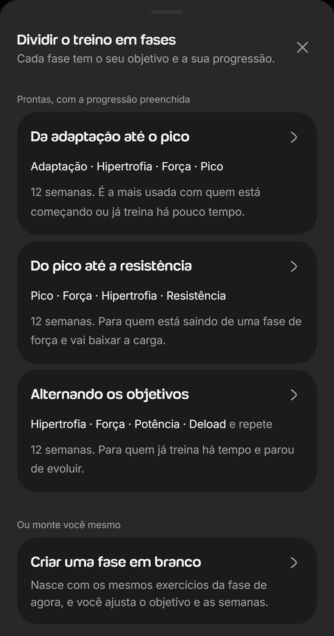 Painel Dividir o treino em fases no Welltrainer, com três curvas prontas de 12 semanas e a opção de criar uma fase em branco