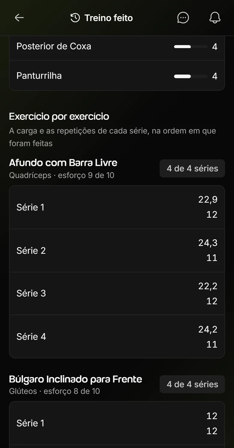 Treino feito por um aluno, visto pelo personal no Welltrainer: a carga e as repetições de cada série e a nota de esforço de cada exercício