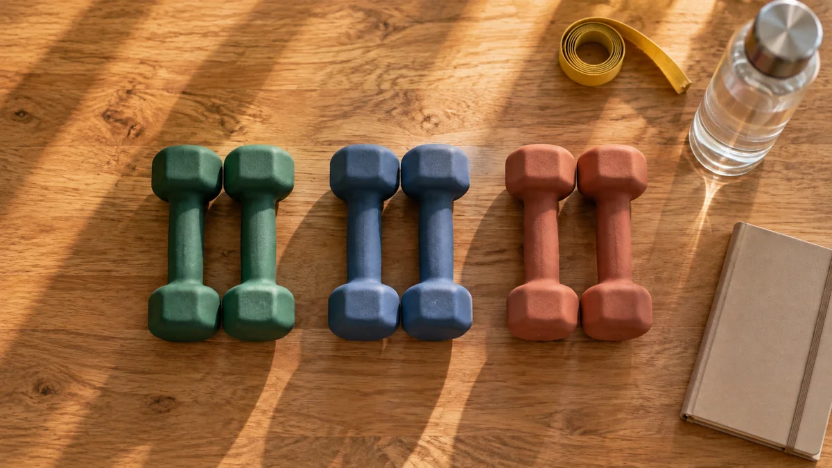 Três pares de halteres de cores diferentes alinhados sobre a mesa, lado a lado, com caderno e fita métrica