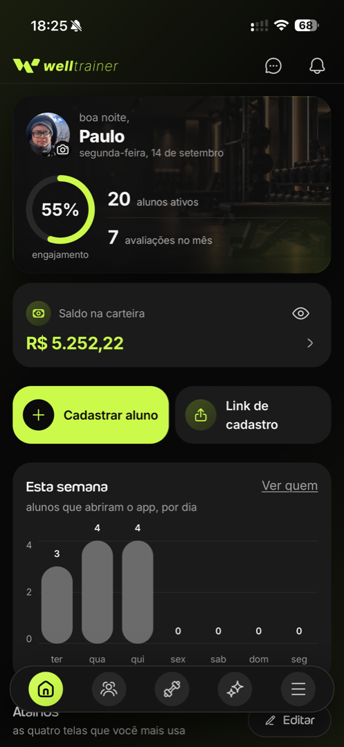 tela inicial do Welltrainer: engajamento dos alunos, saldo na carteira e quem abriu o app na semana