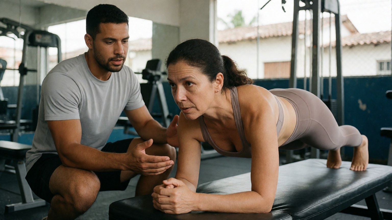 Personal trainer orienta a aluna na prancha, numa academia de bairro
