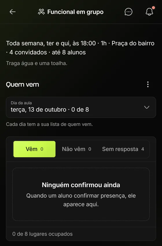 Detalhe de uma aula na Welltrainer, no celular: Funcional em grupo, toda semana, ter e qui, às 18:00, com Quem vem, o dia da aula e as abas Vêm, Não vêm e Sem resposta