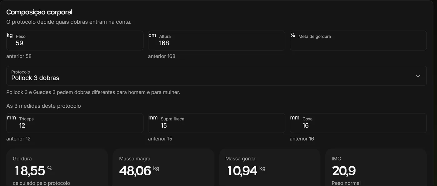 Composição corporal na avaliação física da Welltrainer: peso, altura, meta de gordura, protocolo Pollock 3 dobras, as três dobras e os resultados de gordura, massa magra, massa gorda e IMC