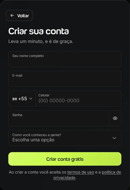 Formulário Criar sua conta da Welltrainer: Leva um minuto, e é de graça, com os campos Seu nome completo, E-mail, Celular, Senha e Como você conheceu a gente? e o botão Criar conta grátis