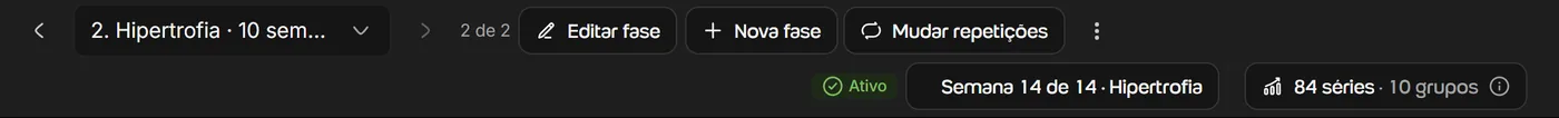 Faixa das fases no construtor da Welltrainer: fase 2. Hipertrofia, 2 de 2, Editar fase, Nova fase, Mudar repetições, Ativo e Semana 14 de 14