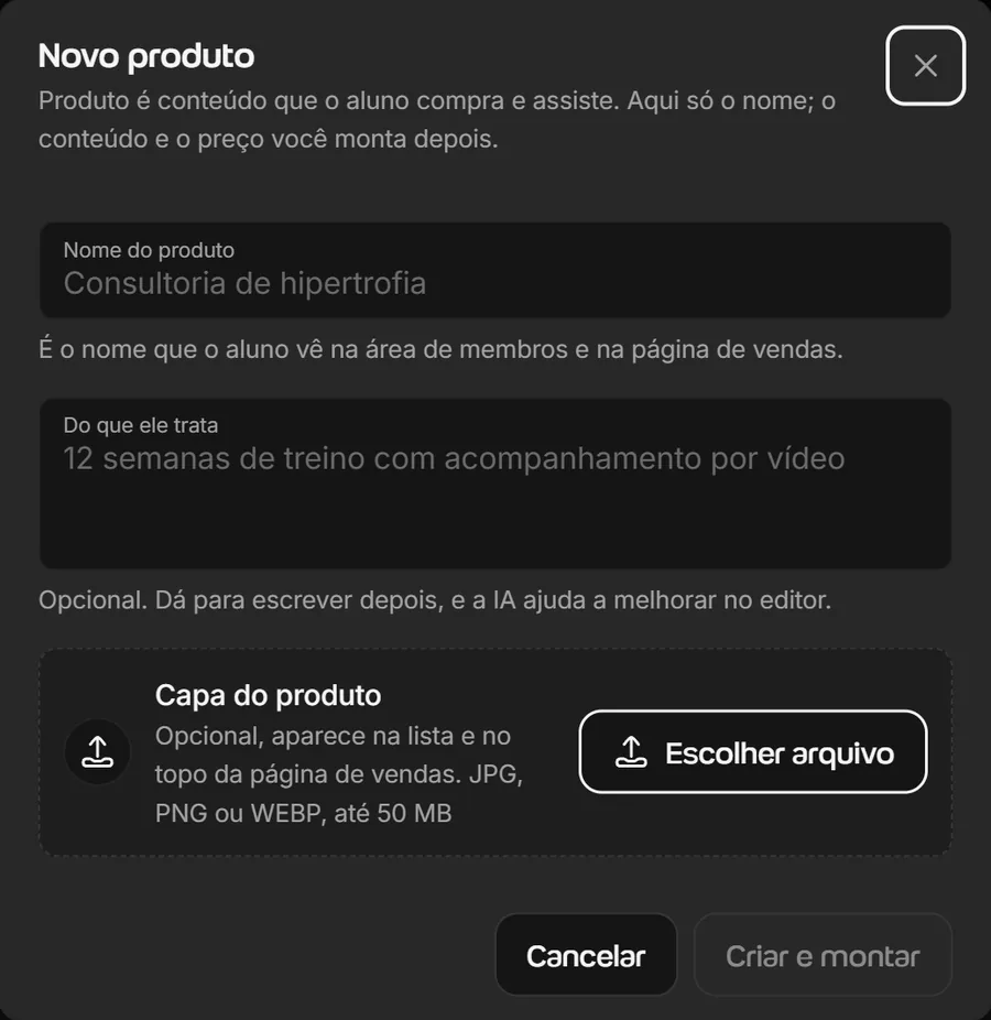 Janela Novo produto da Welltrainer com os campos Nome do produto, Do que ele trata e Capa do produto, e o botão Criar e montar