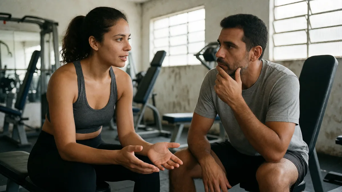 Personal trainer explica o plano para um aluno que pensa no preço, os dois sentados no banco da academia