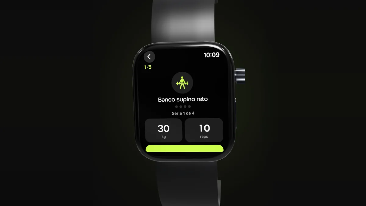 Apple Watch com o Welltrainer: Watch na série 1 de 4 do supino reto, 30 kg e 10 repetições