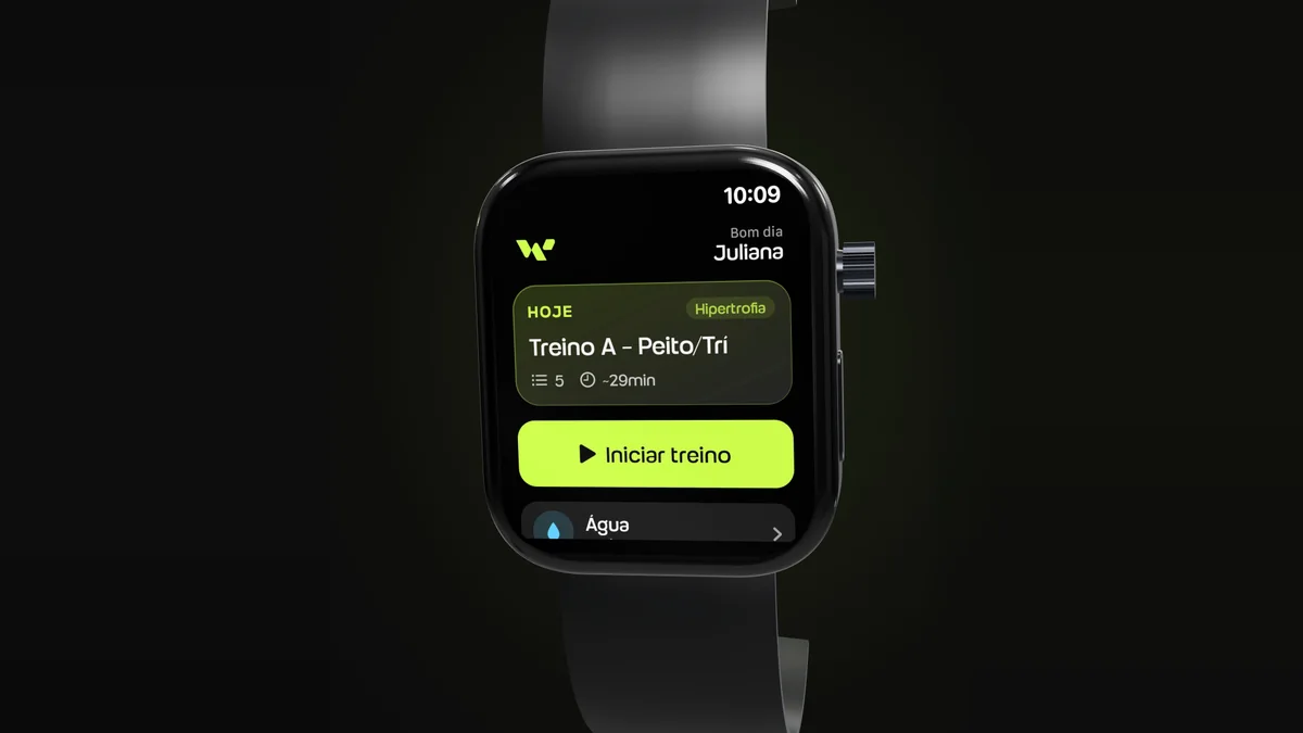 Apple Watch com o app da Welltrainer aberto no treino do dia da aluna