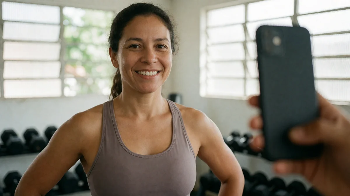 Personal trainer sorri para a foto de perfil na academia enquanto alguém segura o celular