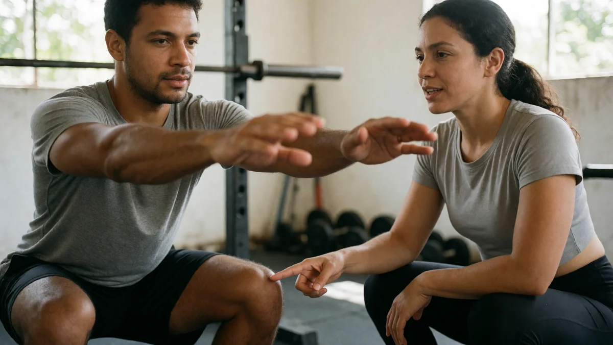 Personal trainer aponta o joelho do aluno para corrigir o agachamento na academia