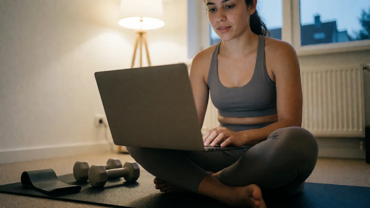 Personal trainer sentada no tapete do estúdio usando o notebook à noite, com halteres ao lado