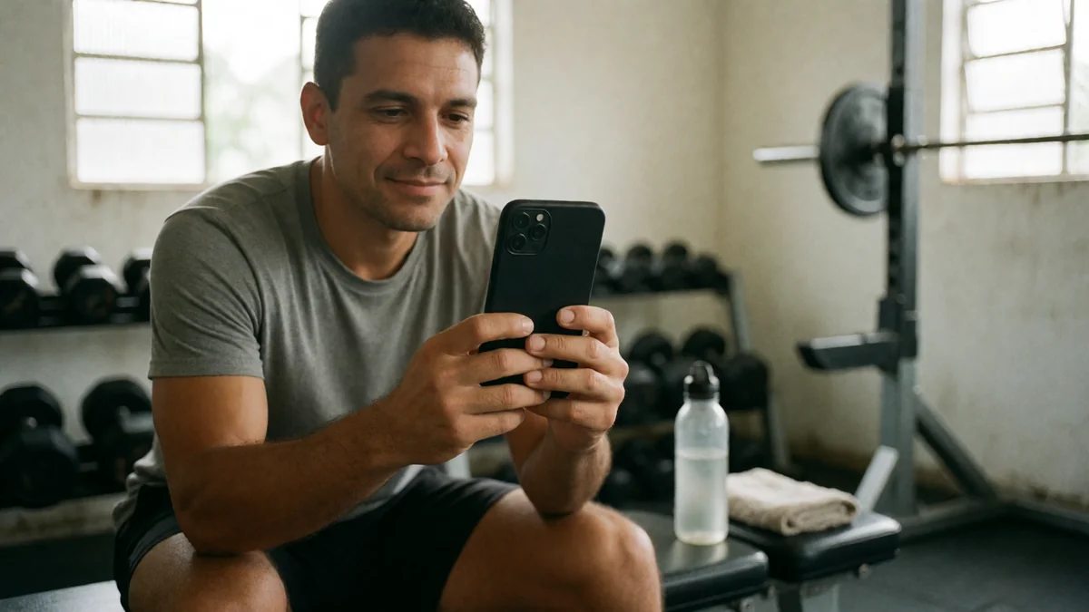 Personal trainer sentado num banco da academia olhando o celular entre um atendimento e outro
