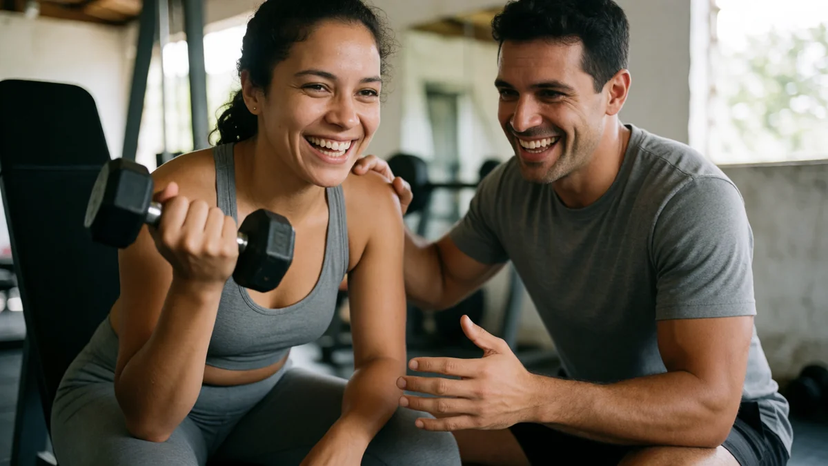 Personal trainer sorri e incentiva a aluna no fim de uma série com halteres na academia