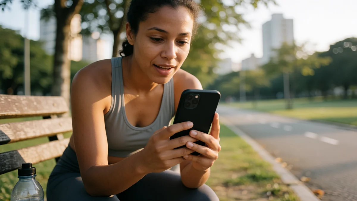 Mulher sentada num banco de parque depois da corrida olhando o celular no fim da tarde