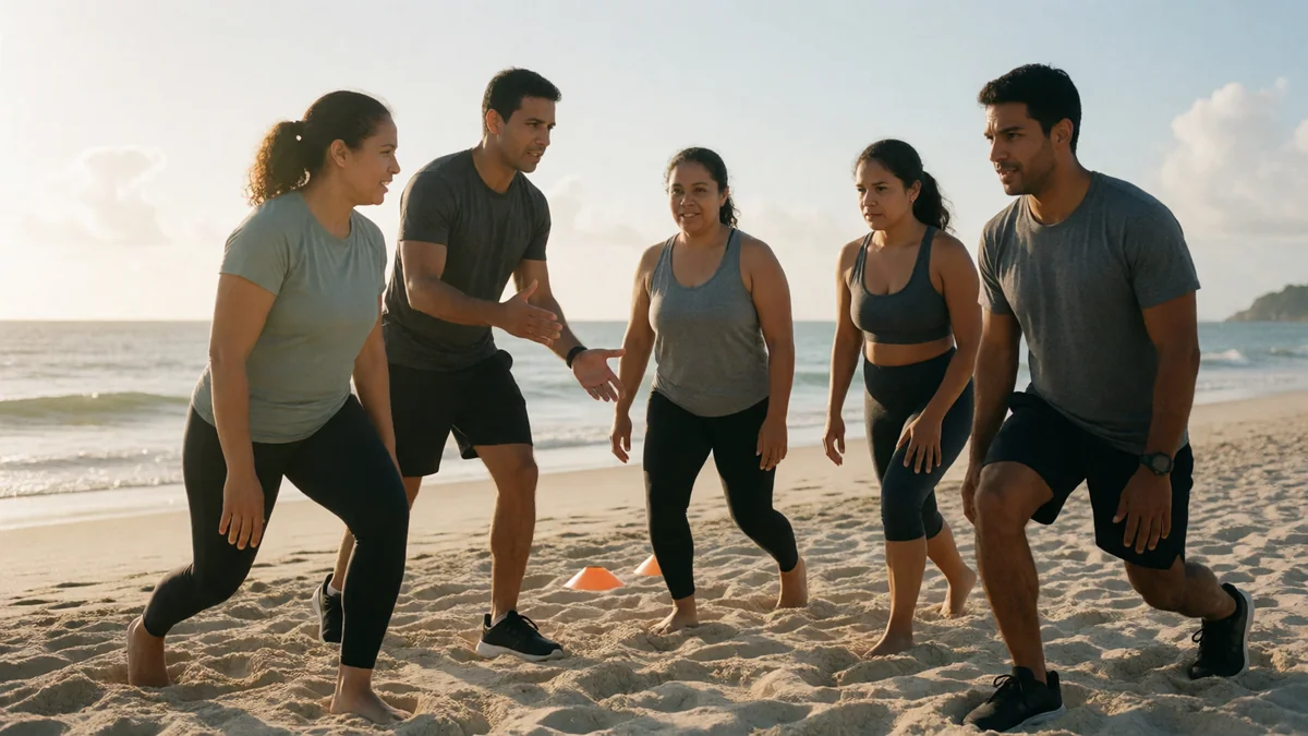 Personal trainer orienta um grupo pequeno em treino funcional na praia no fim da tarde