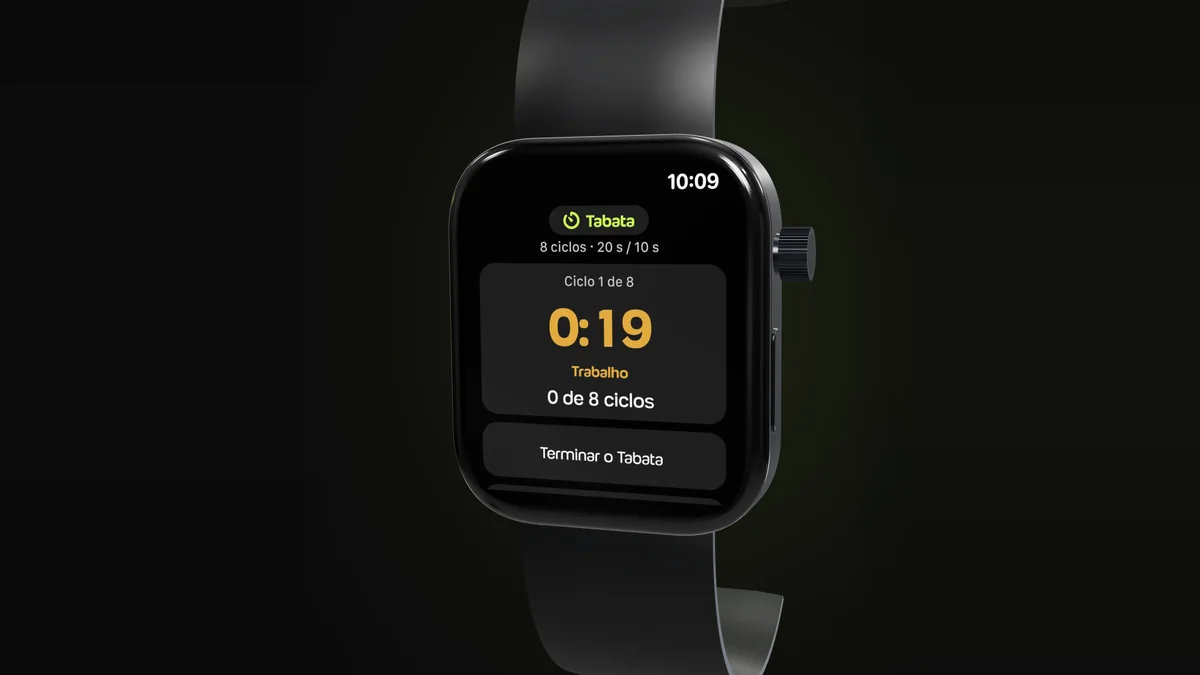 Apple Watch com um Tabata do Welltrainer: Watch no ciclo 1 de 8, contando o trabalho