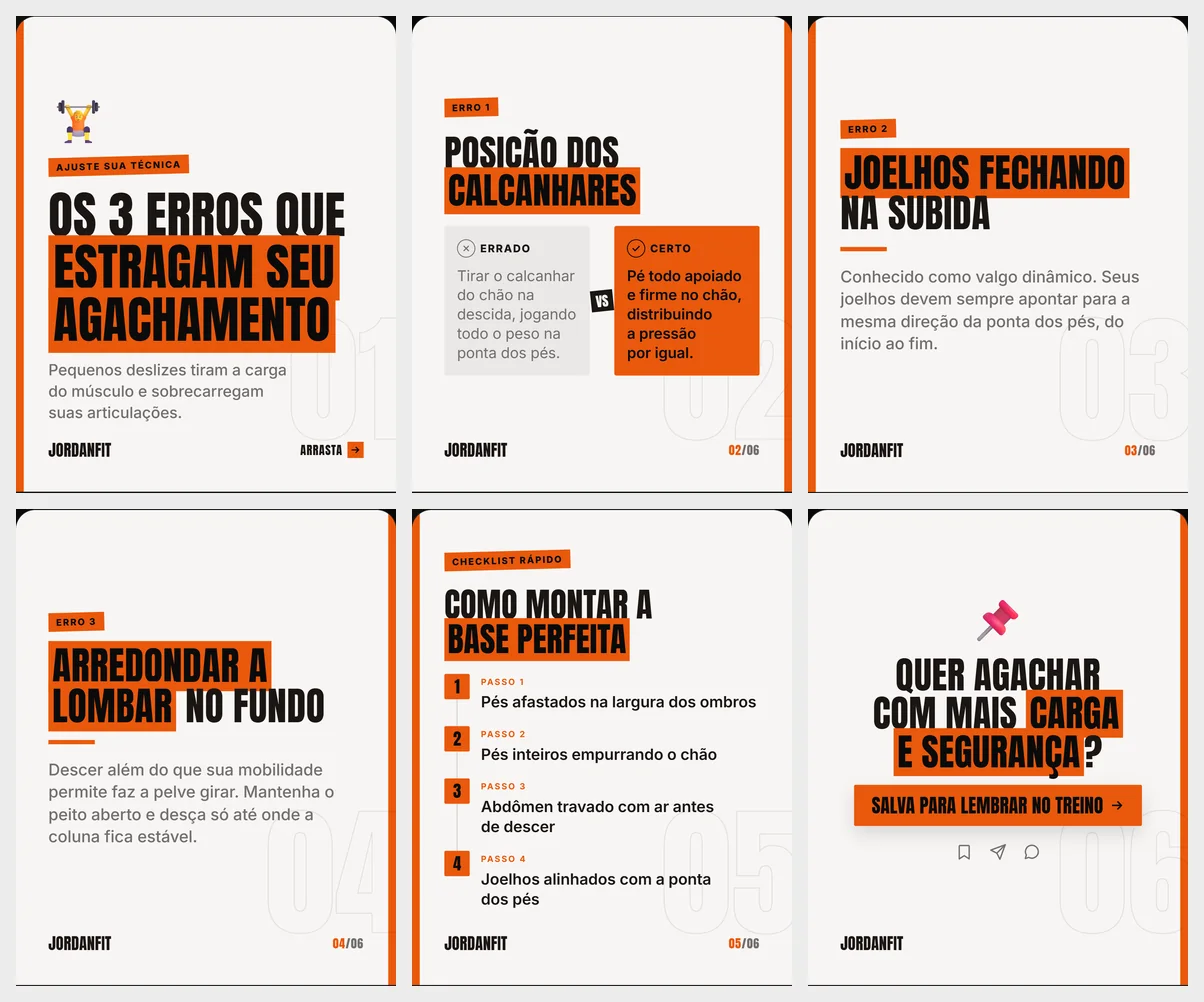 Os seis slides do carrossel 3 erros comuns no agachamento: capa, comparação entre o errado e o certo, dois slides de erro, passo a passo da base e chamada final