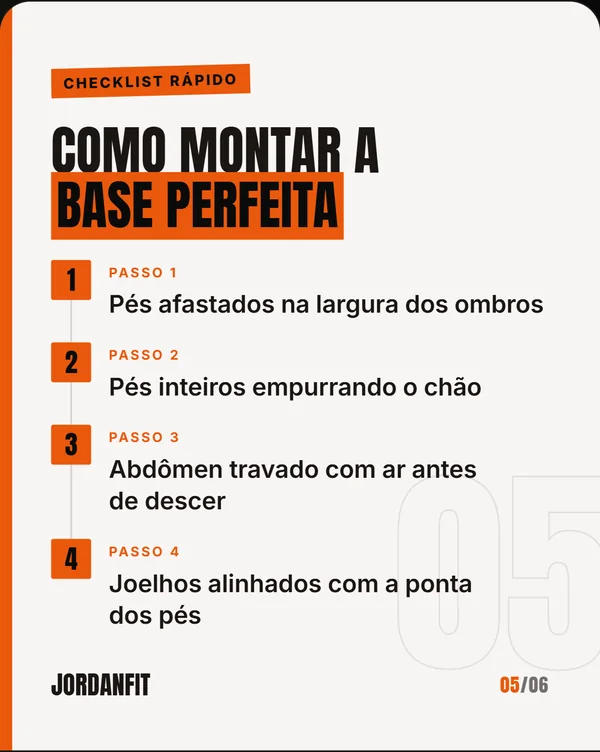 Slide de passo a passo Como montar a base perfeita, com quatro passos numerados: pés na largura dos ombros, pés inteiros empurrando o chão, abdômen travado com ar antes de descer e joelhos alinhados com a ponta dos pés