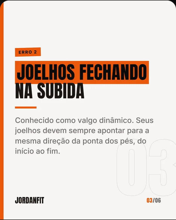 Slide de tópico Joelhos fechando na subida, com a explicação de que os joelhos devem apontar para a mesma direção da ponta dos pés do início ao fim