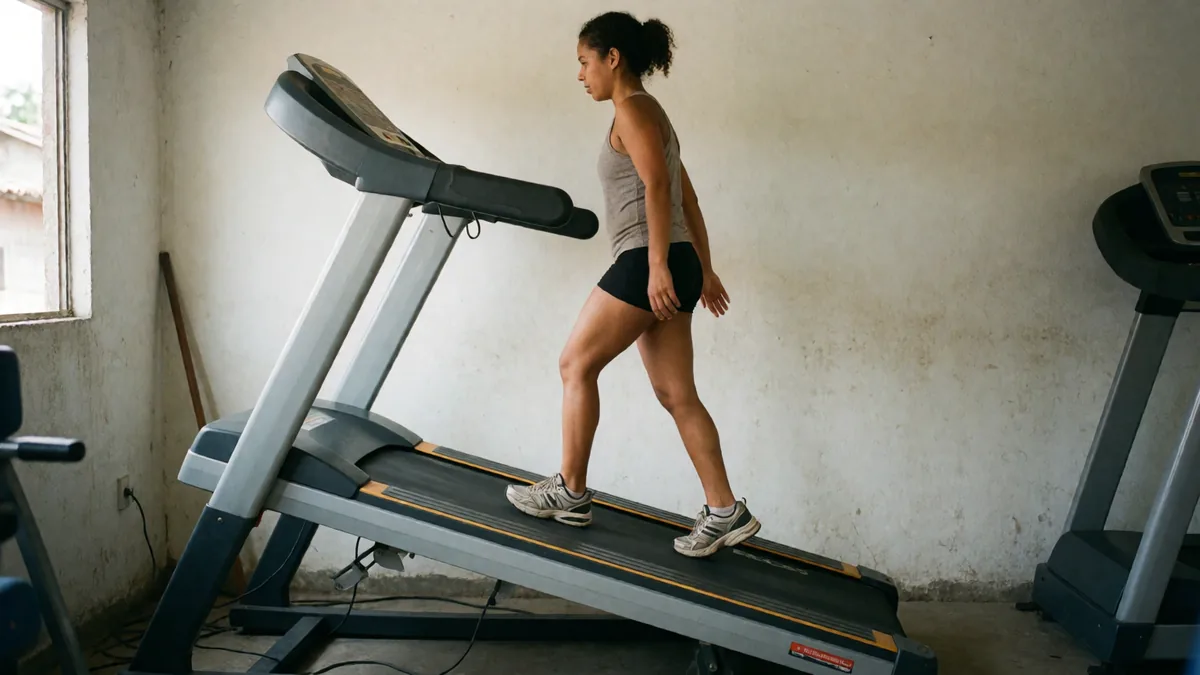 Mulher caminha numa esteira bem inclinada na academia, sem segurar no apoio