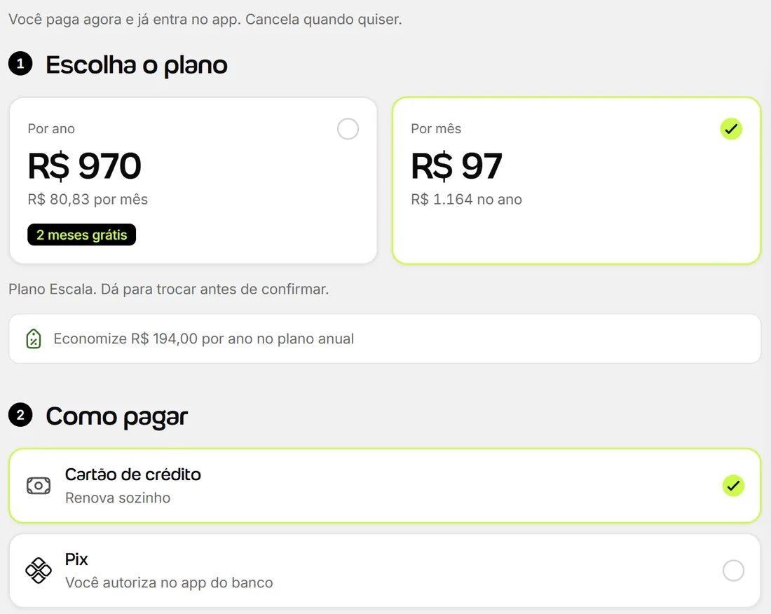 Tela de assinatura da Welltrainer com o plano Escala por R$ 970 por ano ou R$ 97 por mês e as formas de pagamento cartão de crédito e Pix