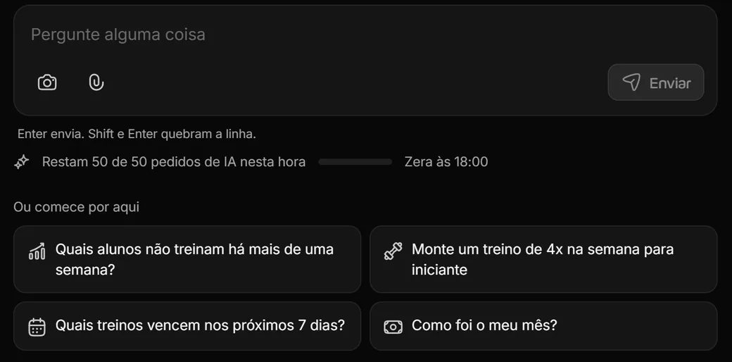 Sugestões do Assistente do Welltrainer: Quais alunos não treinam há mais de uma semana, Monte um treino de 4x na semana para iniciante, Quais treinos vencem nos próximos 7 dias e Como foi o meu mês