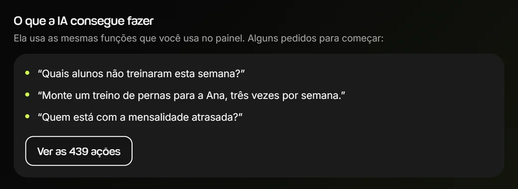Parte O que a IA consegue fazer da tela Conectar com IA, com os pedidos Quais alunos não treinaram esta semana, Monte um treino de pernas para a Ana, três vezes por semana, e Quem está com a mensalidade atrasada, e o botão Ver as 439 ações