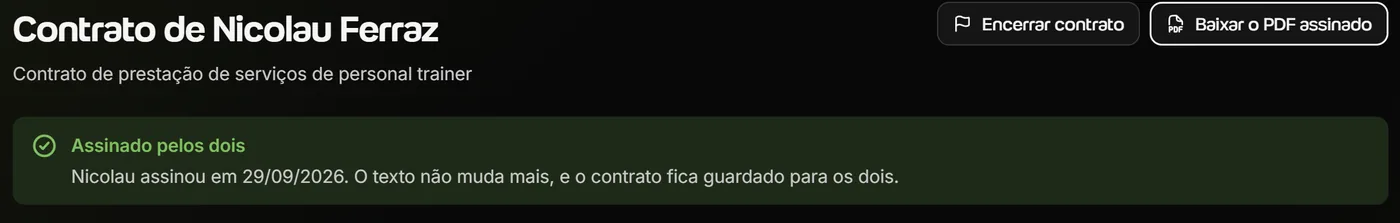 Contrato no Welltrainer com o aviso Assinado pelos dois e o botão Baixar o PDF assinado