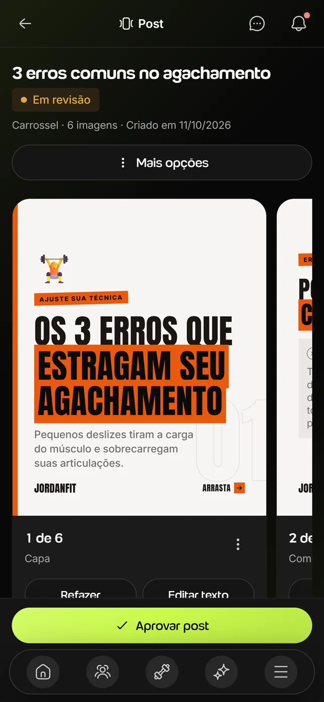 Quadro do post no celular, com os slides do carrossel e o botão Aprovar post na barra de baixo