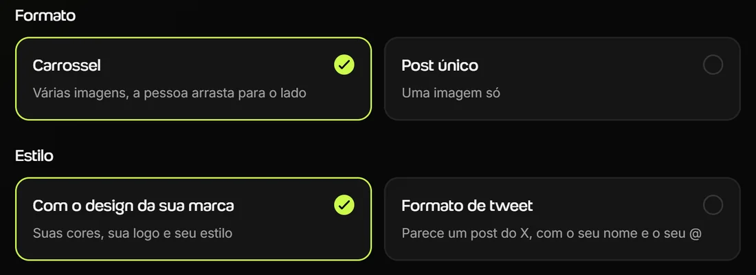 Opções de formato, Carrossel e Post único, e de estilo, com o design da sua marca ou formato de tweet, no Criador de posts da Welltrainer
