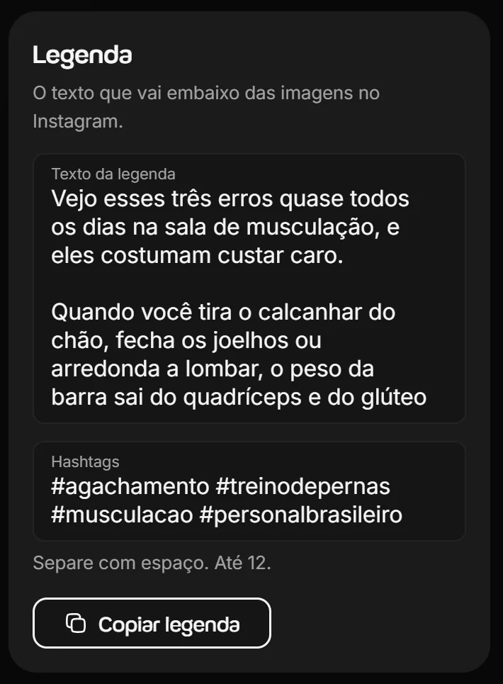 Painel Legenda do Criador de posts com o texto da legenda, o campo de hashtags com a dica Até 12 e o botão Copiar legenda