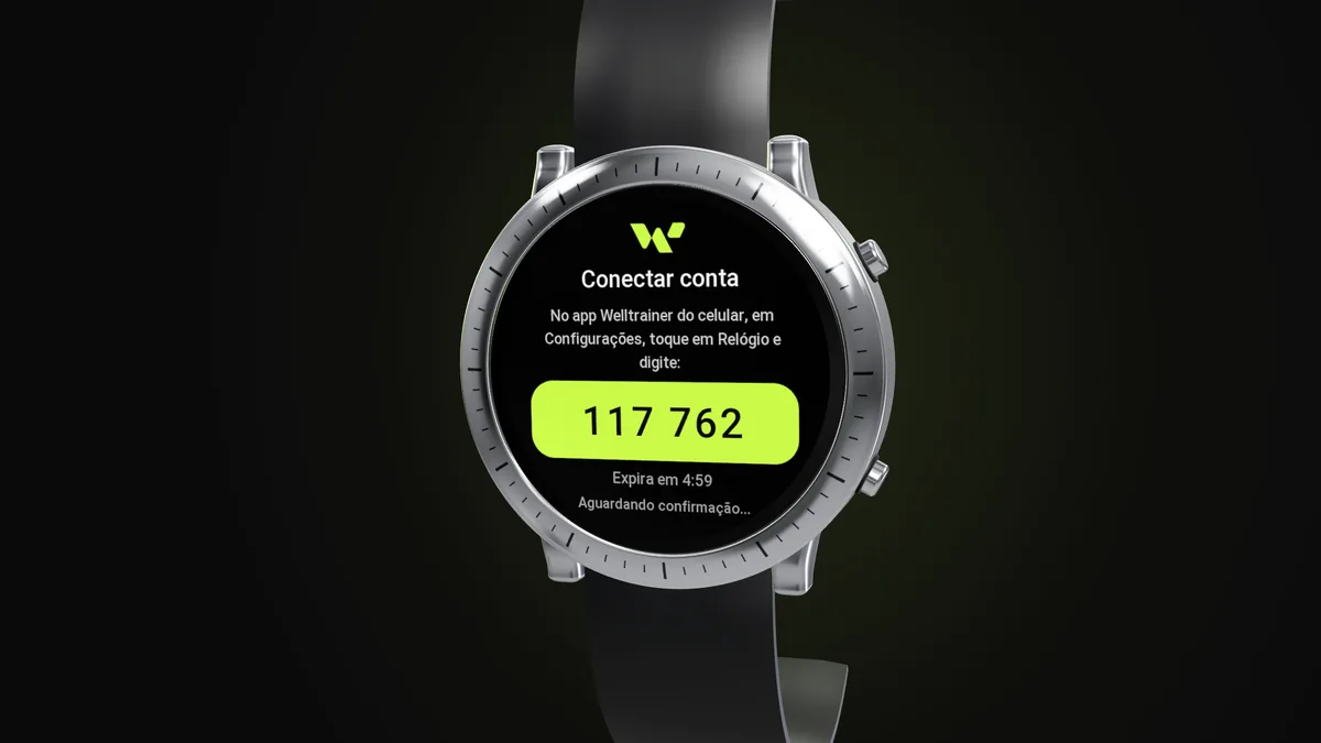 Relógio Amazfit com a tela Conectar conta do app da Welltrainer e o código de 6 números para digitar no app do celular